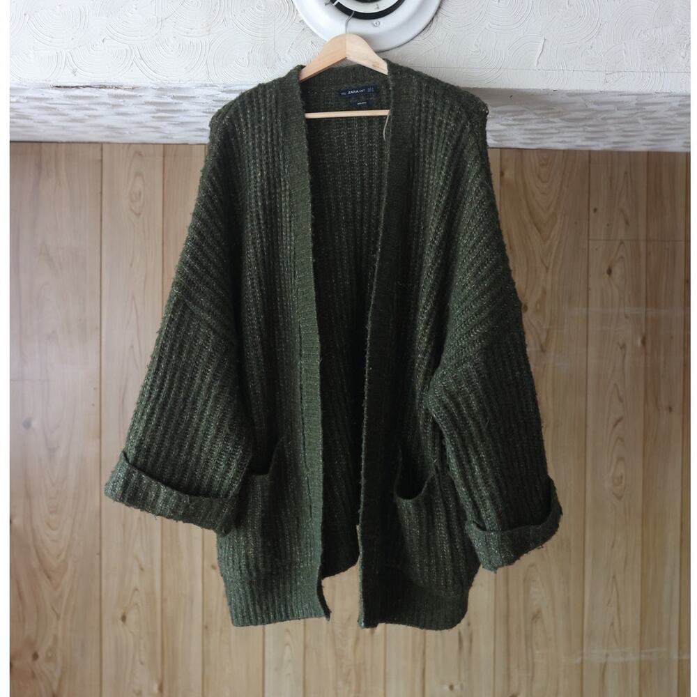 Wool Blend Oversized Chunky Knit Cardigan Zara Forest Green Small Cozy Fall
